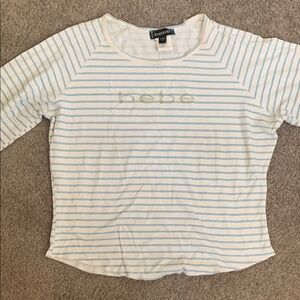 Bebe White and Light Blue Striped Tee